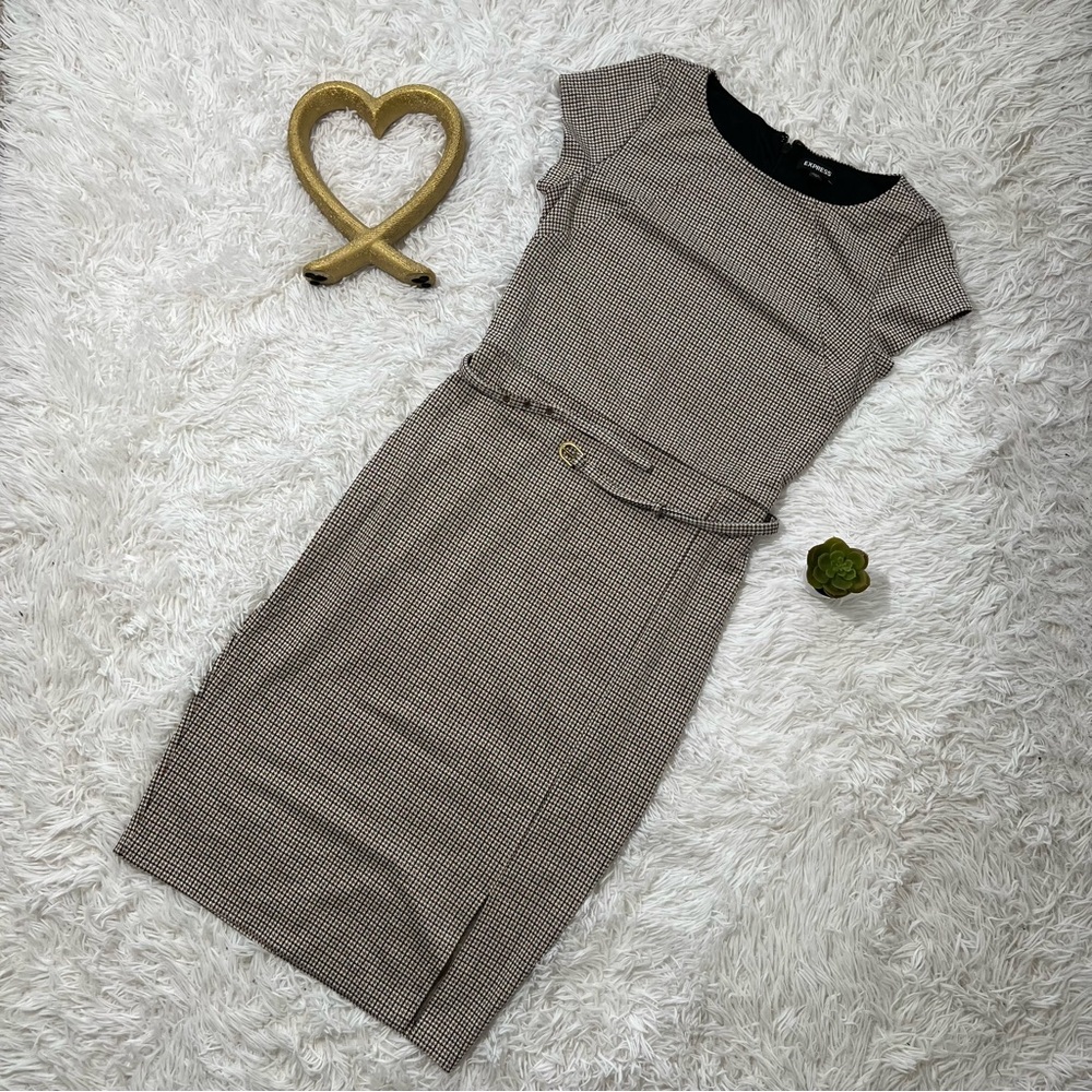 Express Brown Sheath Midi Dress Short Sleeve Crew Neck